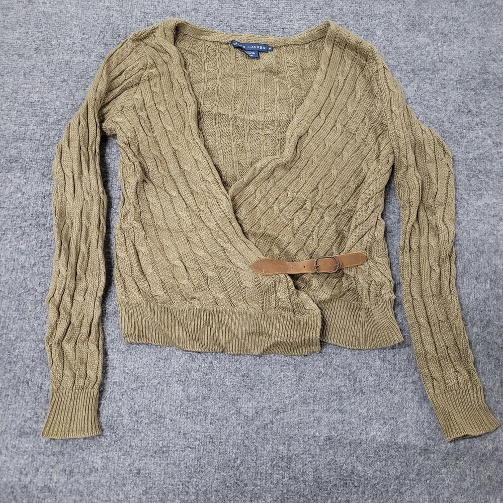 Ralph Lauren Sweater Womens Size M Green Linen Cable Knit Wrap Leather Buckle